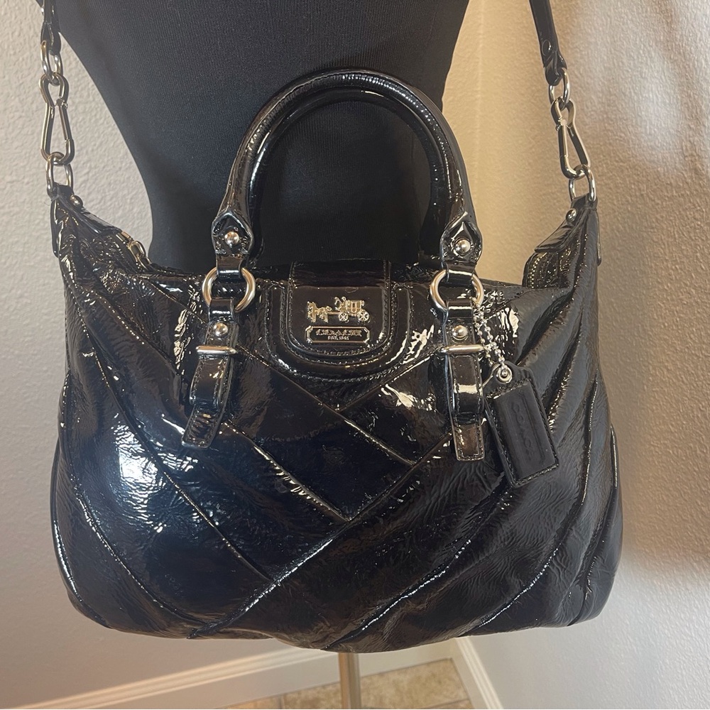 Coach Madison Diagonal Pleated Patent Leather Juliette Satchel Black Bag 21304 - Picture 3 of 13